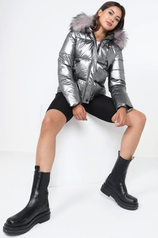 Love Sunshine Love Sunshine Women's Metalic Puffer Jacket with Faux Fur on Hood in Grey - 2