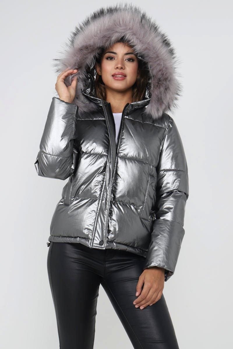 Love Sunshine Love Sunshine Women's Metalic Puffer Jacket with Faux Fur on Hood in Grey - 3