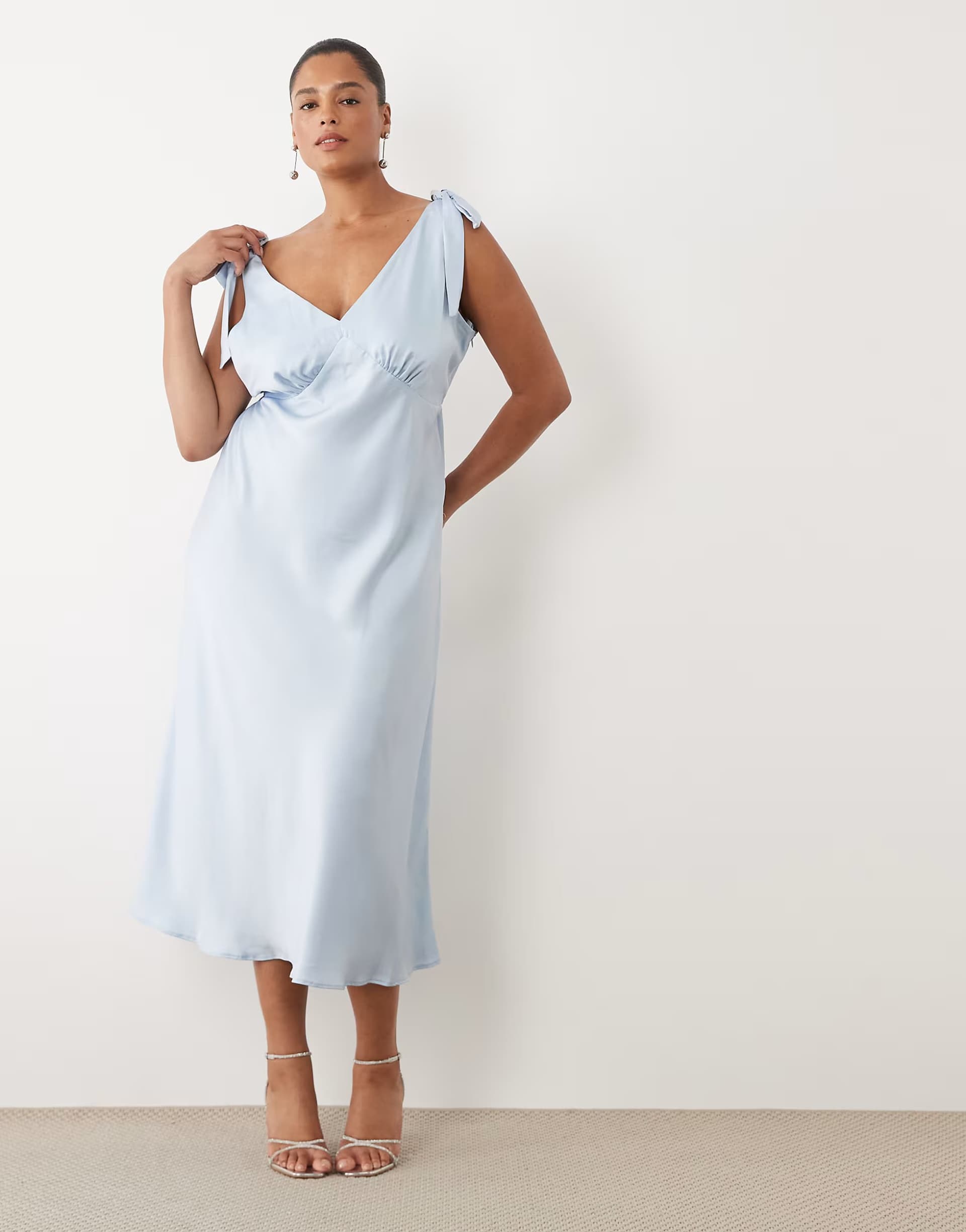 ASOS New Look Curve tie shoulder satin midi dress in light blue