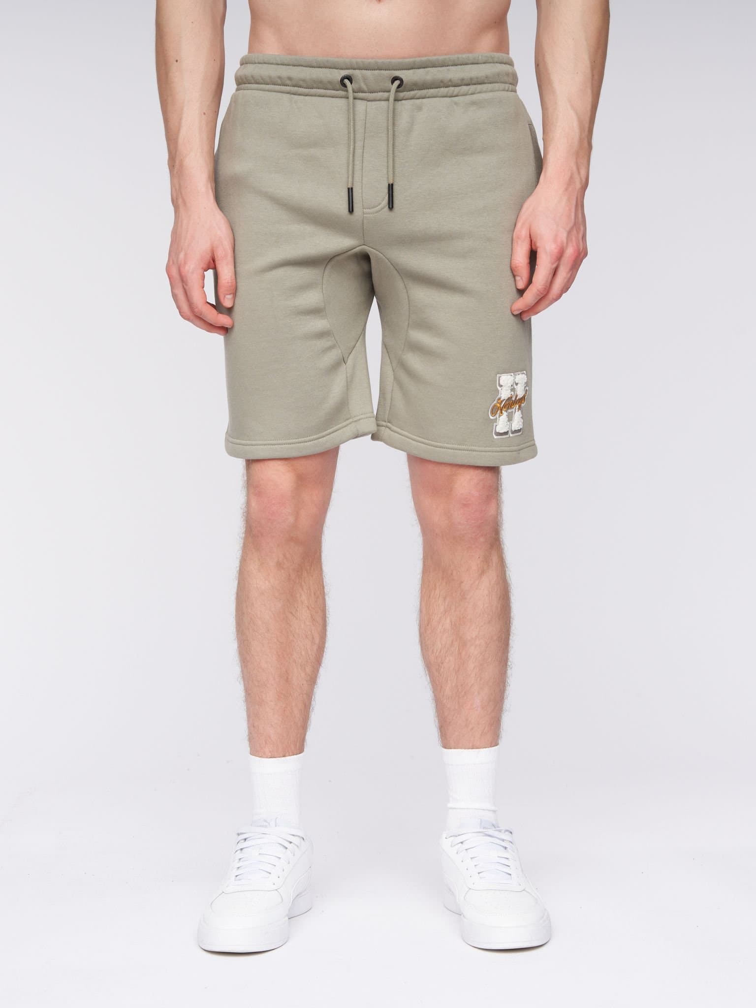 Henleys Henleys Aitchen Men's Carbon Brushed Jog Shorts with Chenille Applique & Fleece Comfort in Olive