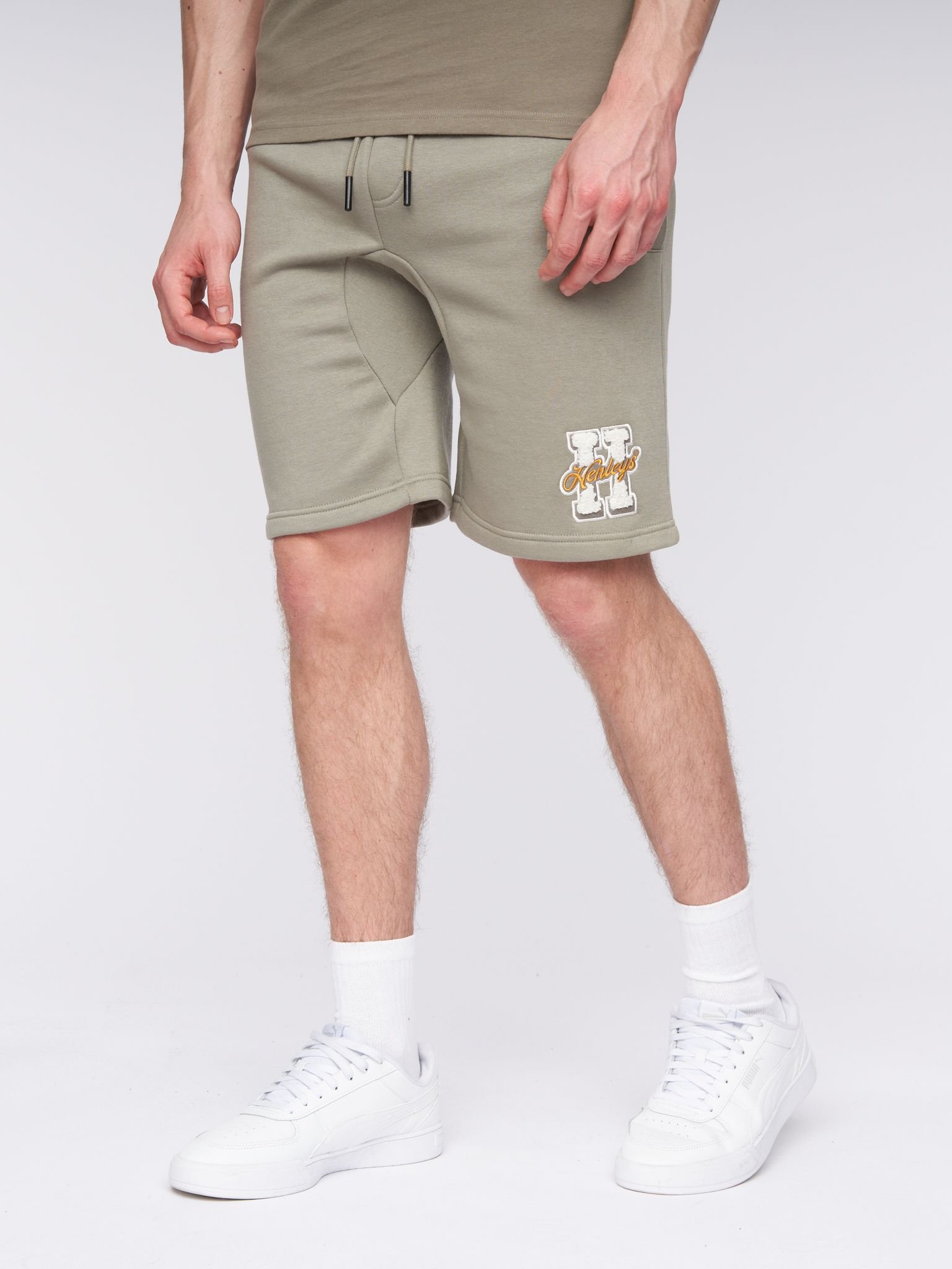 Henleys Henleys Aitchen Men's Carbon Brushed Jog Shorts with Chenille Applique & Fleece Comfort in Olive - 2