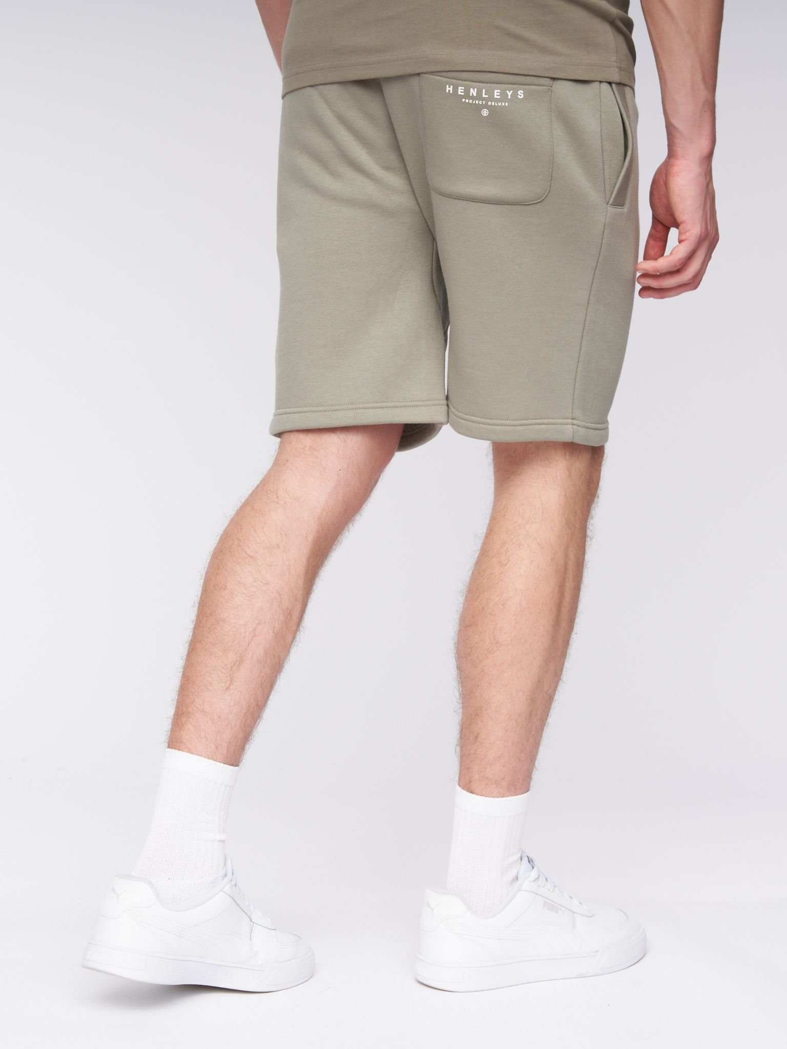 Henleys Henleys Aitchen Men's Carbon Brushed Jog Shorts with Chenille Applique & Fleece Comfort in Olive - 3