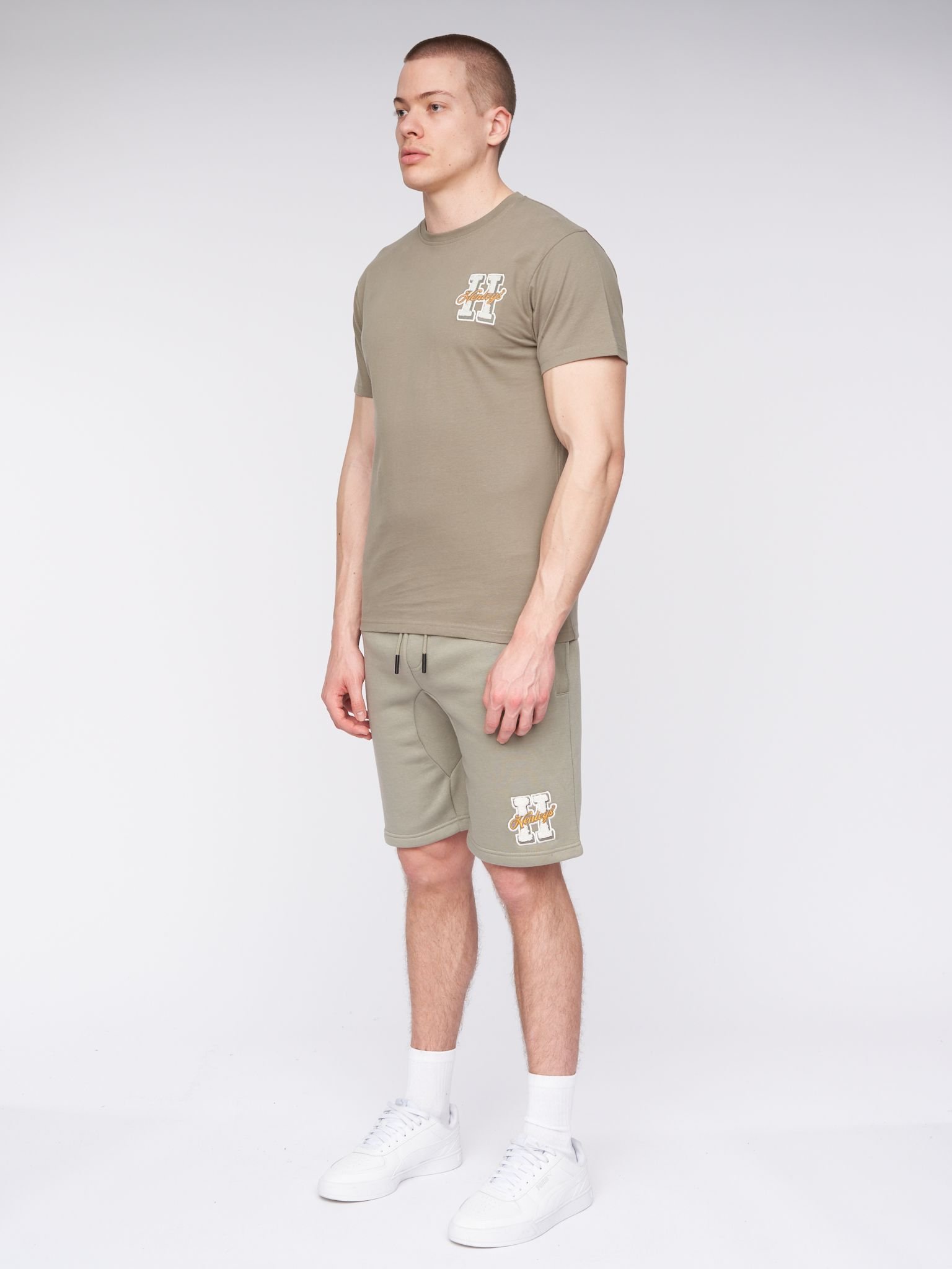 Henleys Henleys Aitchen Men's Carbon Brushed Jog Shorts with Chenille Applique & Fleece Comfort in Olive - 4