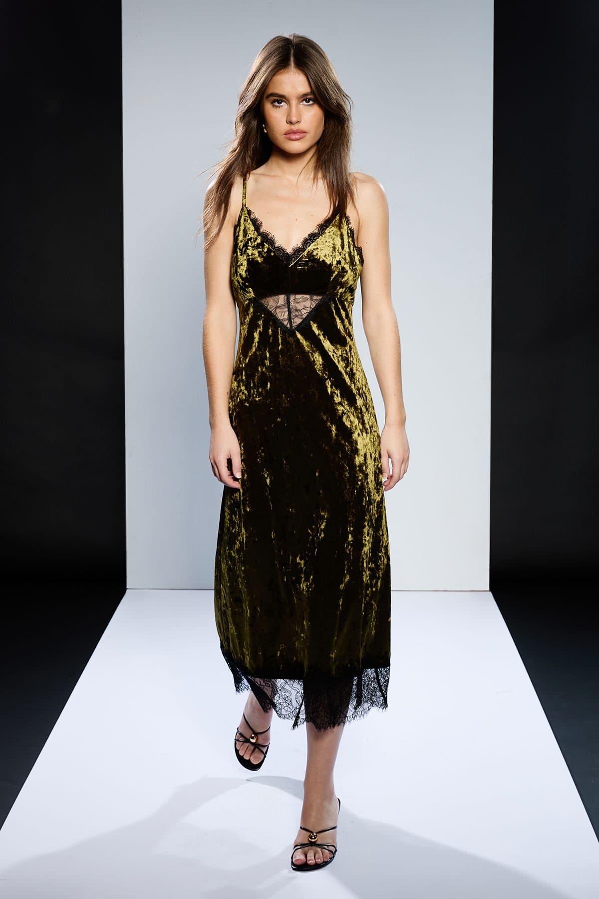 RUNWAY 1.8.1.8 RUNWAY 1.8.1.8 Women's Velvet Lace Detail Slip Dress in Khaki