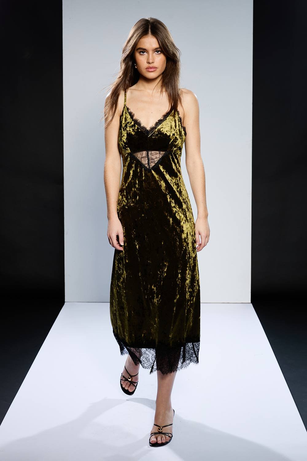 RUNWAY 1.8.1.8 RUNWAY 1.8.1.8 Women's Velvet Lace Detail Slip Dress in Khaki - 2