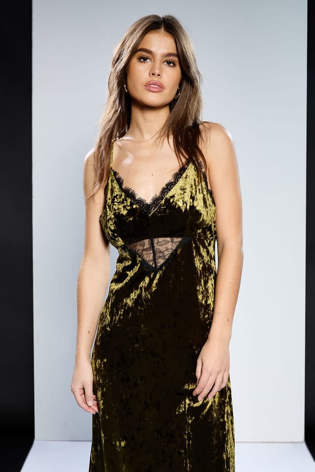 RUNWAY 1.8.1.8 RUNWAY 1.8.1.8 Women's Velvet Lace Detail Slip Dress in Khaki - 2
