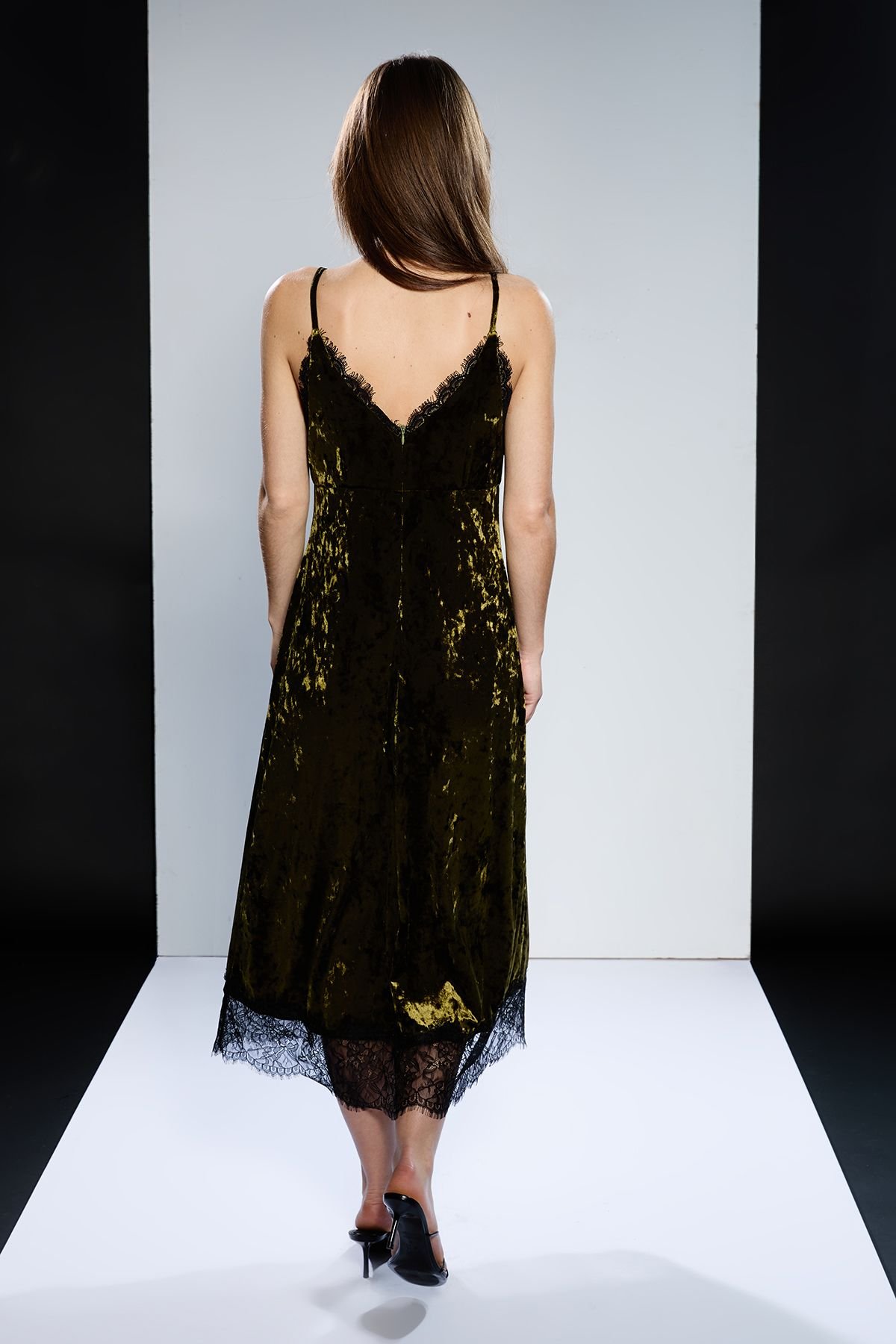 RUNWAY 1.8.1.8 RUNWAY 1.8.1.8 Women's Velvet Lace Detail Slip Dress in Khaki - 3