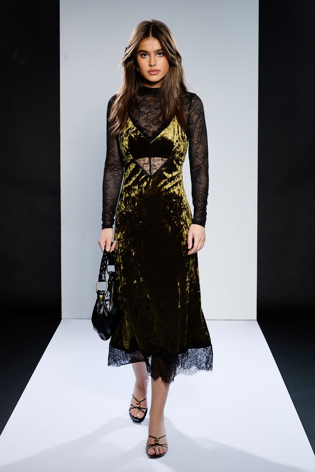 RUNWAY 1.8.1.8 RUNWAY 1.8.1.8 Women's Velvet Lace Detail Slip Dress in Khaki - 4