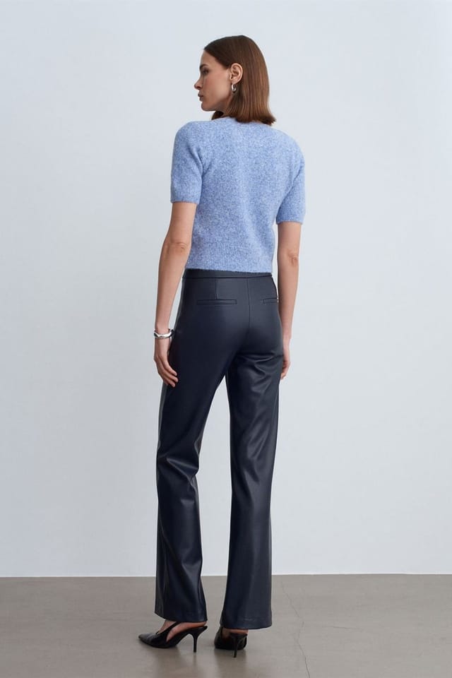 Dilvin Dilvin Women's Faux Leather Flare Pants in Navy - 3