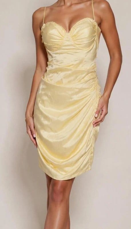 Oh Polly Oh Polly Butter Yellow Ruched Mini Dress UK 14 12 Sweetheart Bodycon Summer - 1