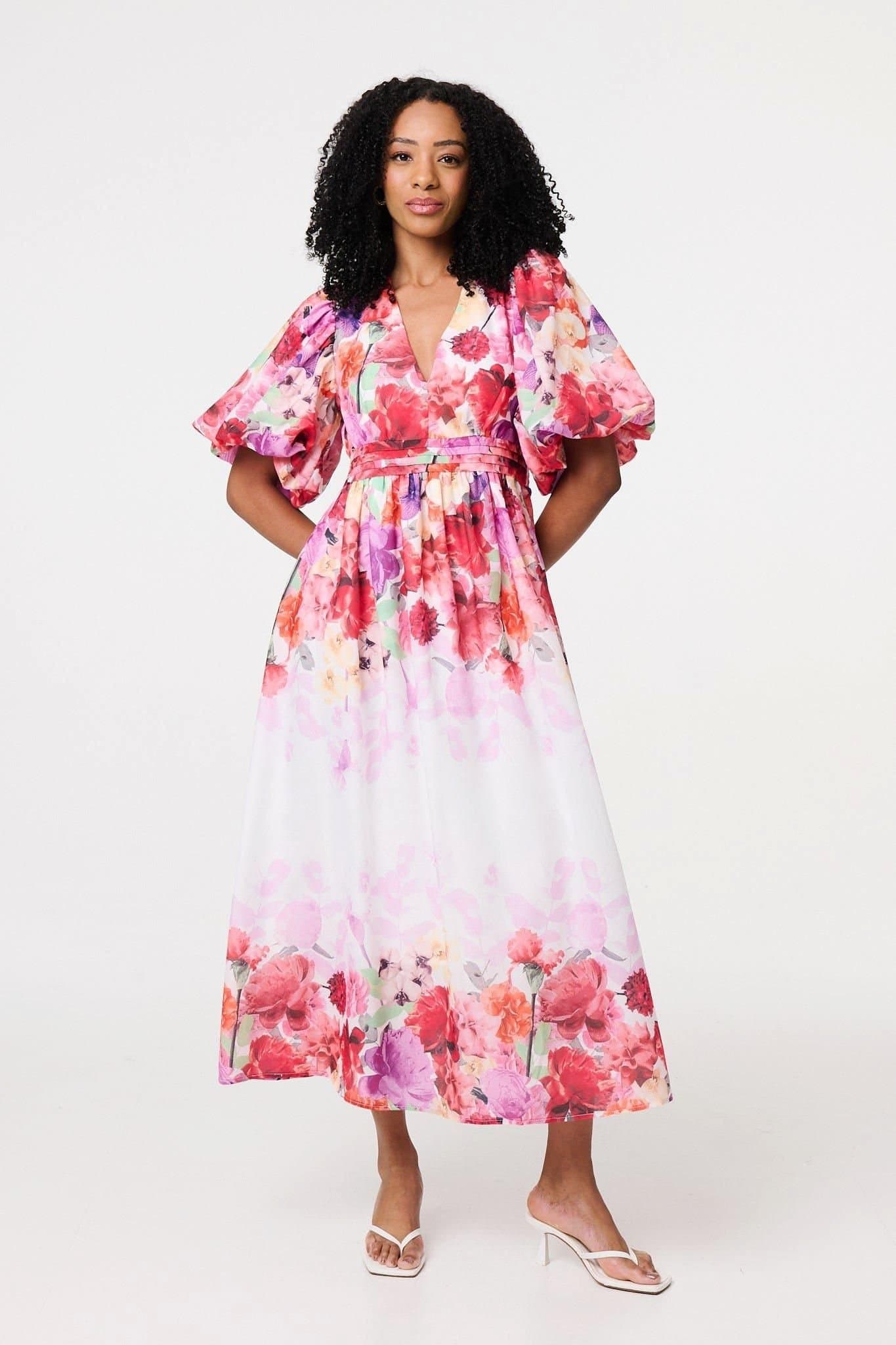 Izabel London Izabel London Women's Floral Print 1/2 Angel Sleeve Midi Dress in White