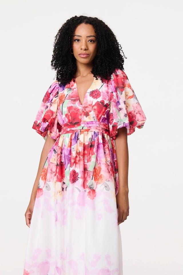 Izabel London Izabel London Women's Floral Print 1/2 Angel Sleeve Midi Dress in White - 2