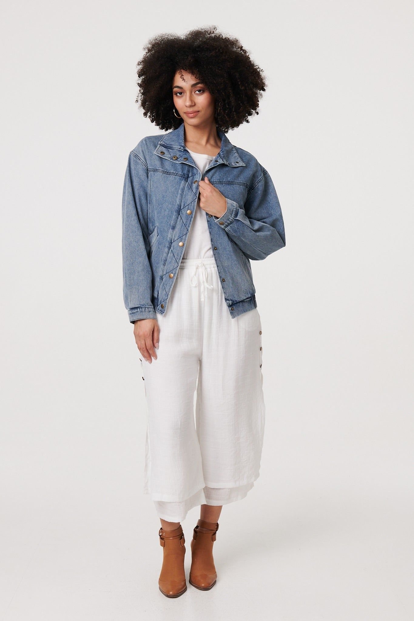 Izabel London Izabel London Women's Zig Zag Stitch Long Sleeve Denim Jacket in Blue - 4