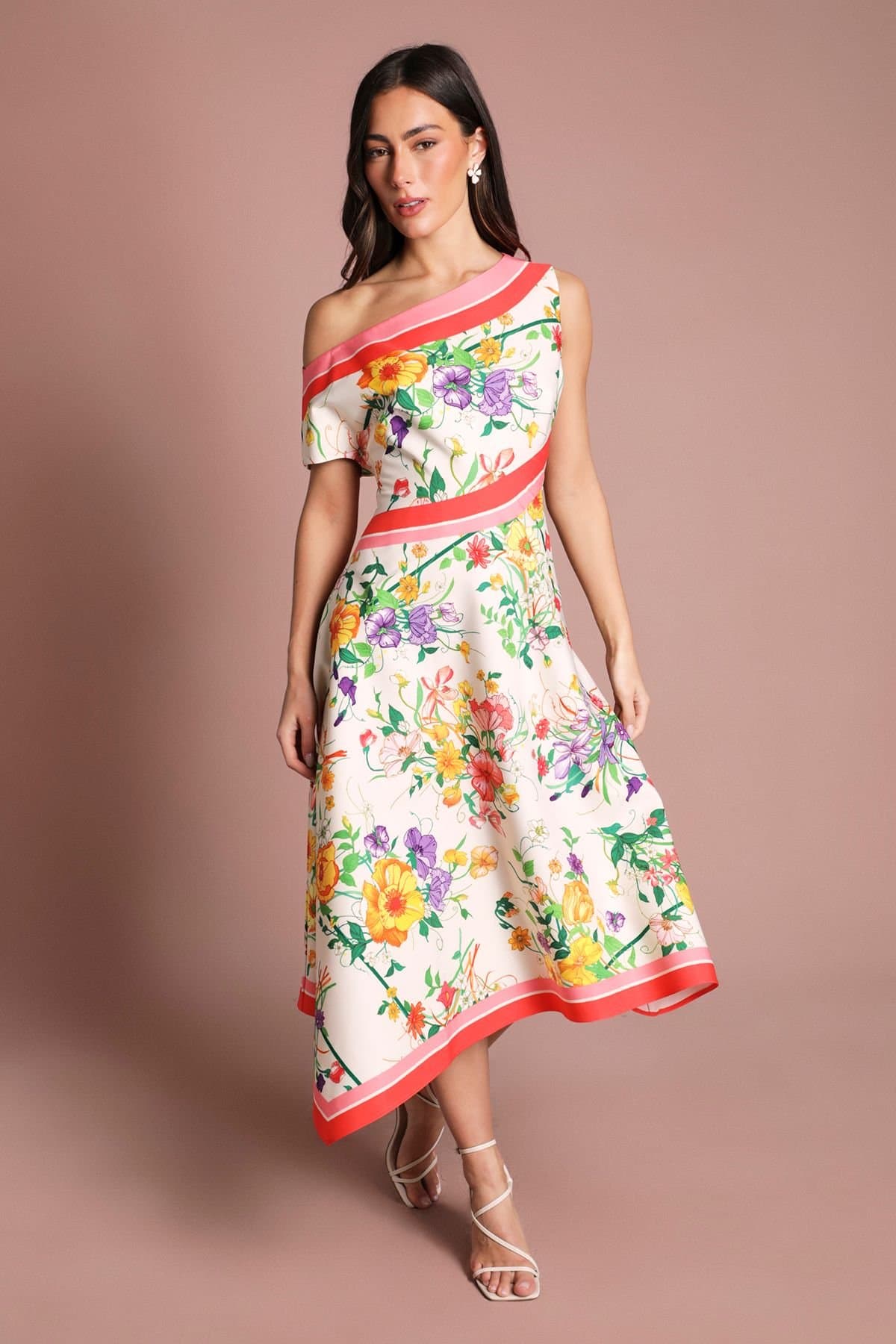 Coast Coast Women's Off The Shoulder Asymmetric Printed Satin Midi Dress in Ivory