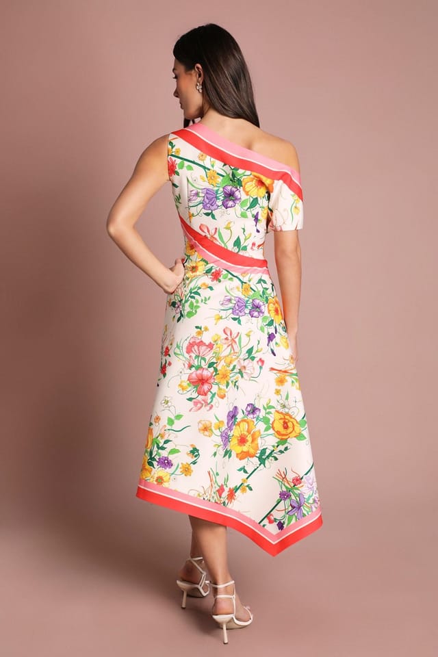 Coast Coast Women's Off The Shoulder Asymmetric Printed Satin Midi Dress in Ivory - 3