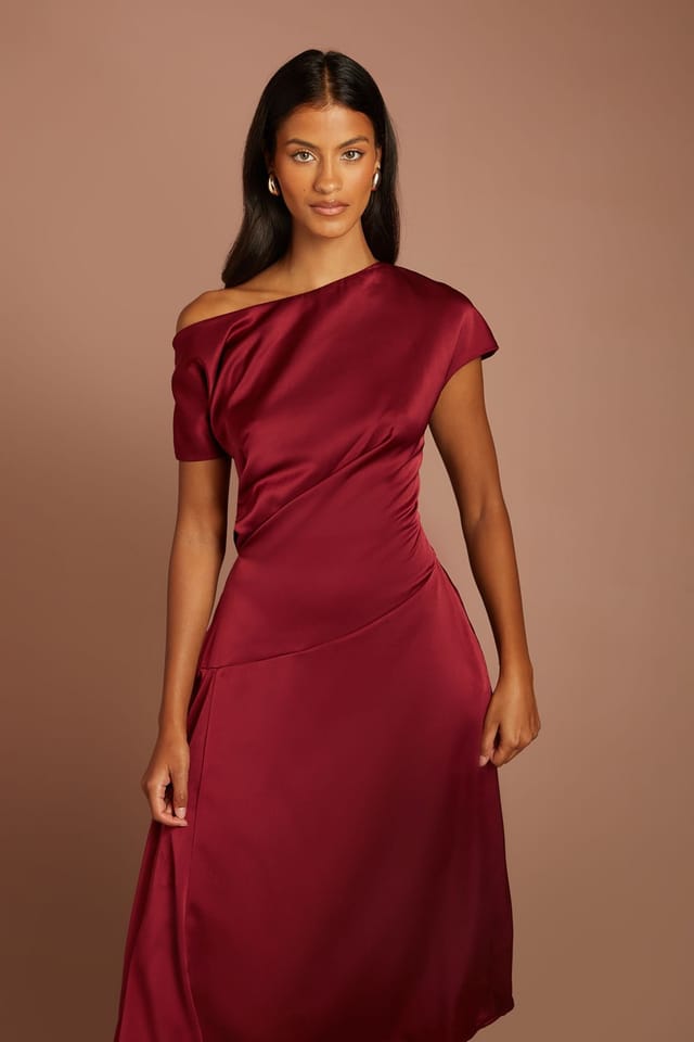 Coast Coast Women's Petite Off-The Shoulder Asymmetric Hem Satin Midi Dress in Burgundy - 2