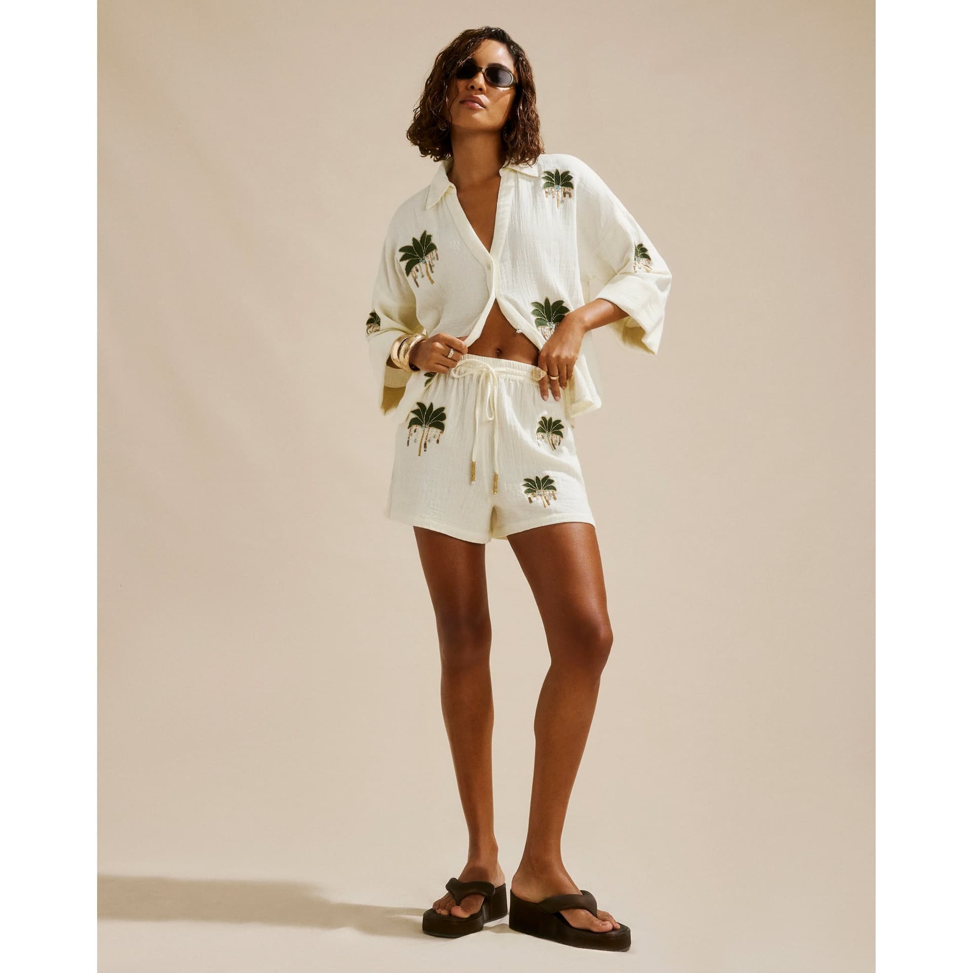 River Island River Island Womens Cream Palm Tree Embellished Beach Shorts