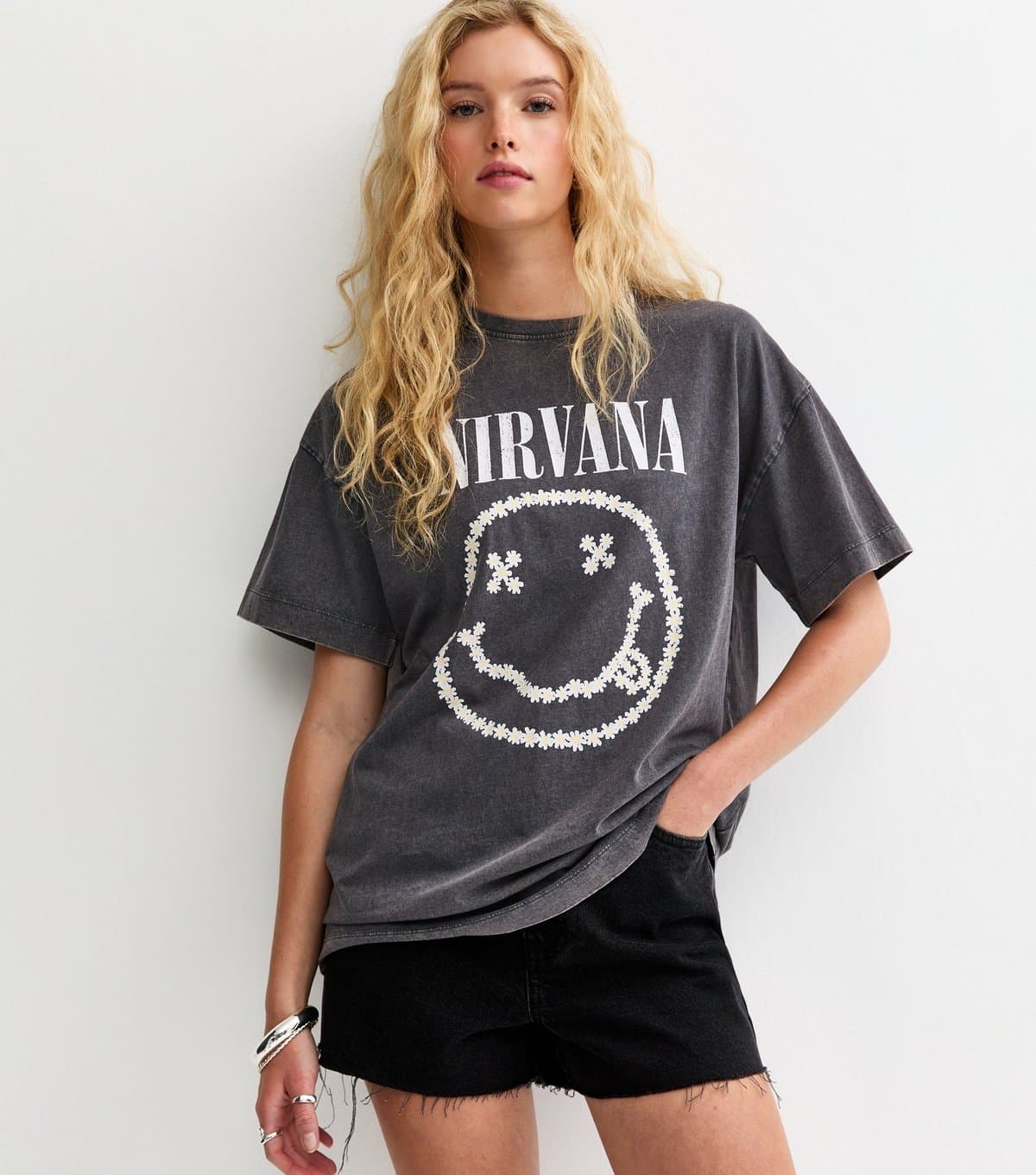 New Look Women's Dark Grey Nirvana Daisy Smiley Oversized T-Shirt New Look