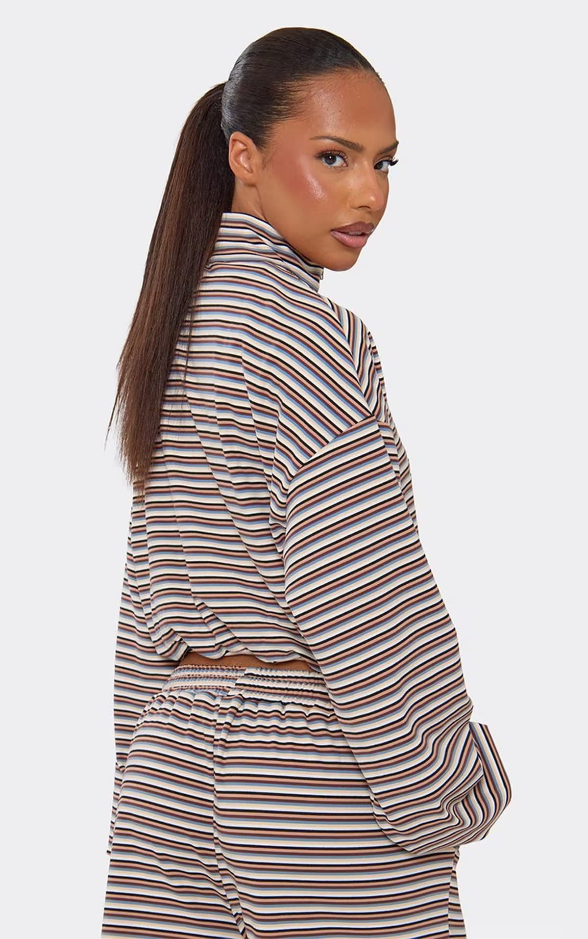 EGO Long Sleeve High Neck Zip Up Front Jacket In Multi Soft Stripe, Women's Size UK 6