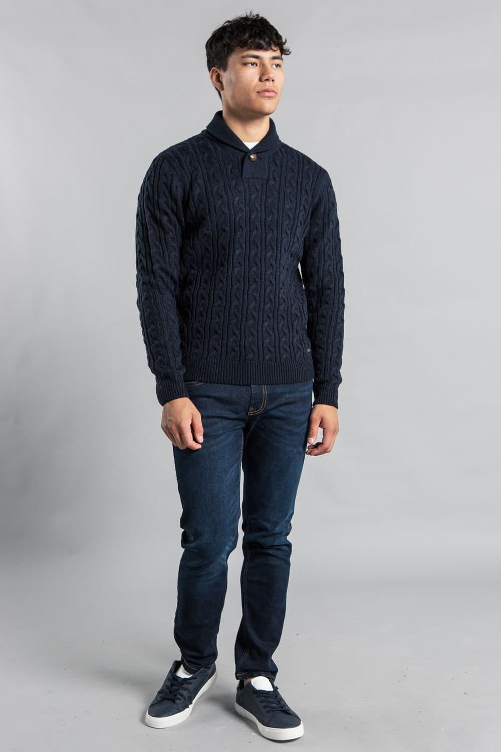 Tokyo Laundry Tokyo Laundry Men's Shawl Neck Cable Knit Jumper in Navy