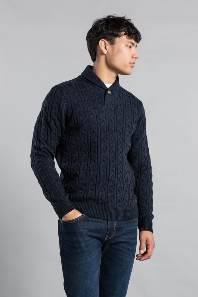 Tokyo Laundry Tokyo Laundry Men's Shawl Neck Cable Knit Jumper in Navy - 3