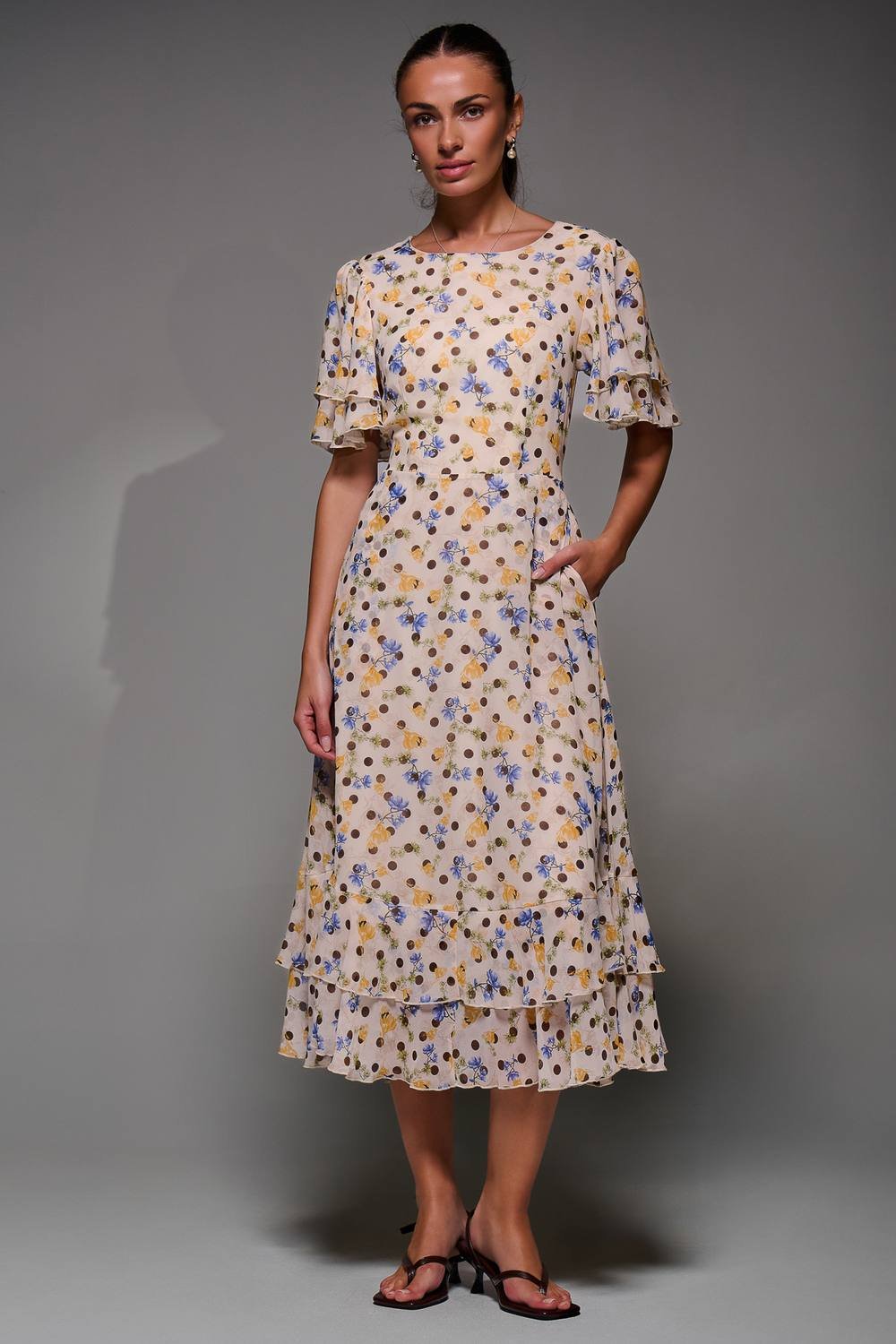 Jolie Moi Jolie Moi Women's Frill Detail Chiffon Midaxi Dress in Beige - 3