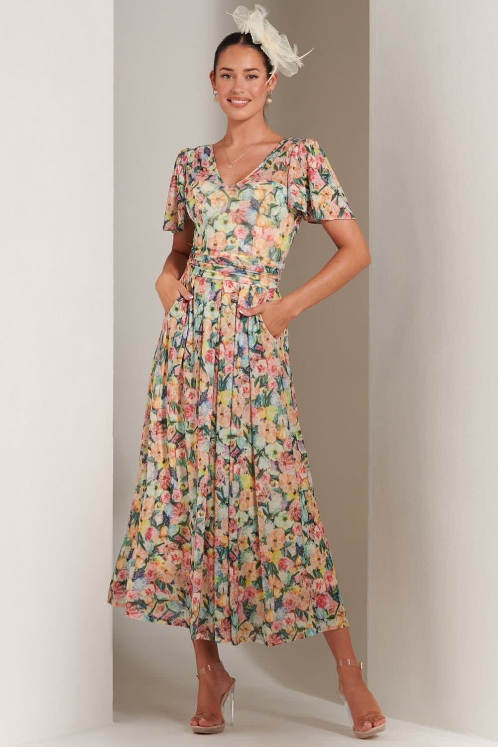 Jolie Moi Jolie Moi Women's Bianca V-Neck Pleated Mesh Maxi Dress in Yellow