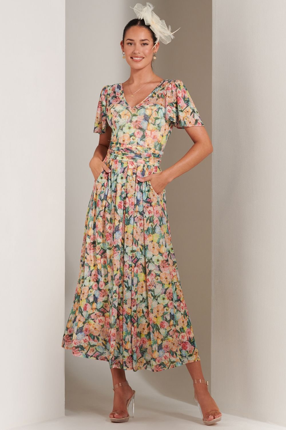 Jolie Moi Jolie Moi Women's Bianca V-Neck Pleated Mesh Maxi Dress in Yellow - 2