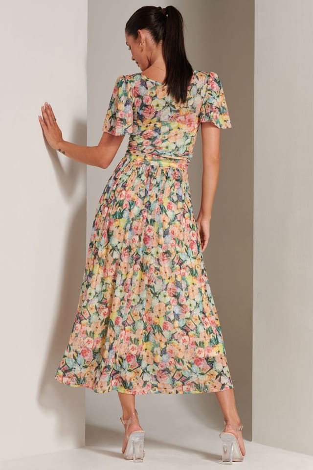 Jolie Moi Jolie Moi Women's Bianca V-Neck Pleated Mesh Maxi Dress in Yellow - 2