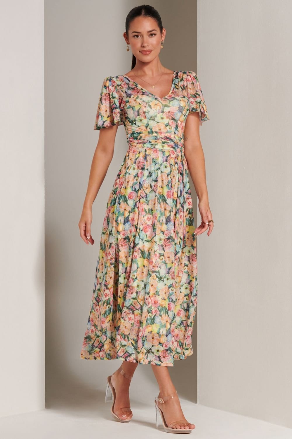 Jolie Moi Jolie Moi Women's Bianca V-Neck Pleated Mesh Maxi Dress in Yellow - 4