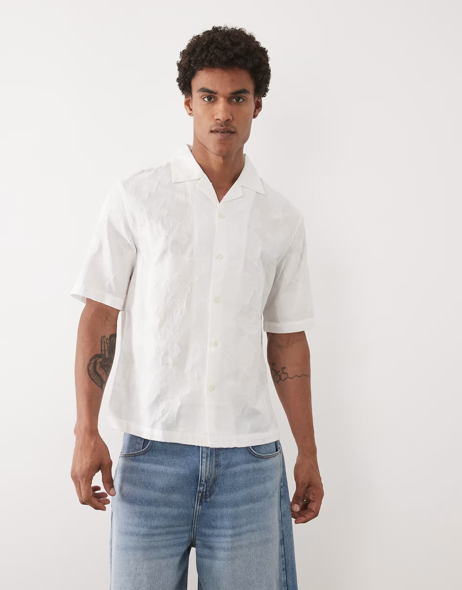 ASOS Textured Floral Short-Sleeve Shirt in White