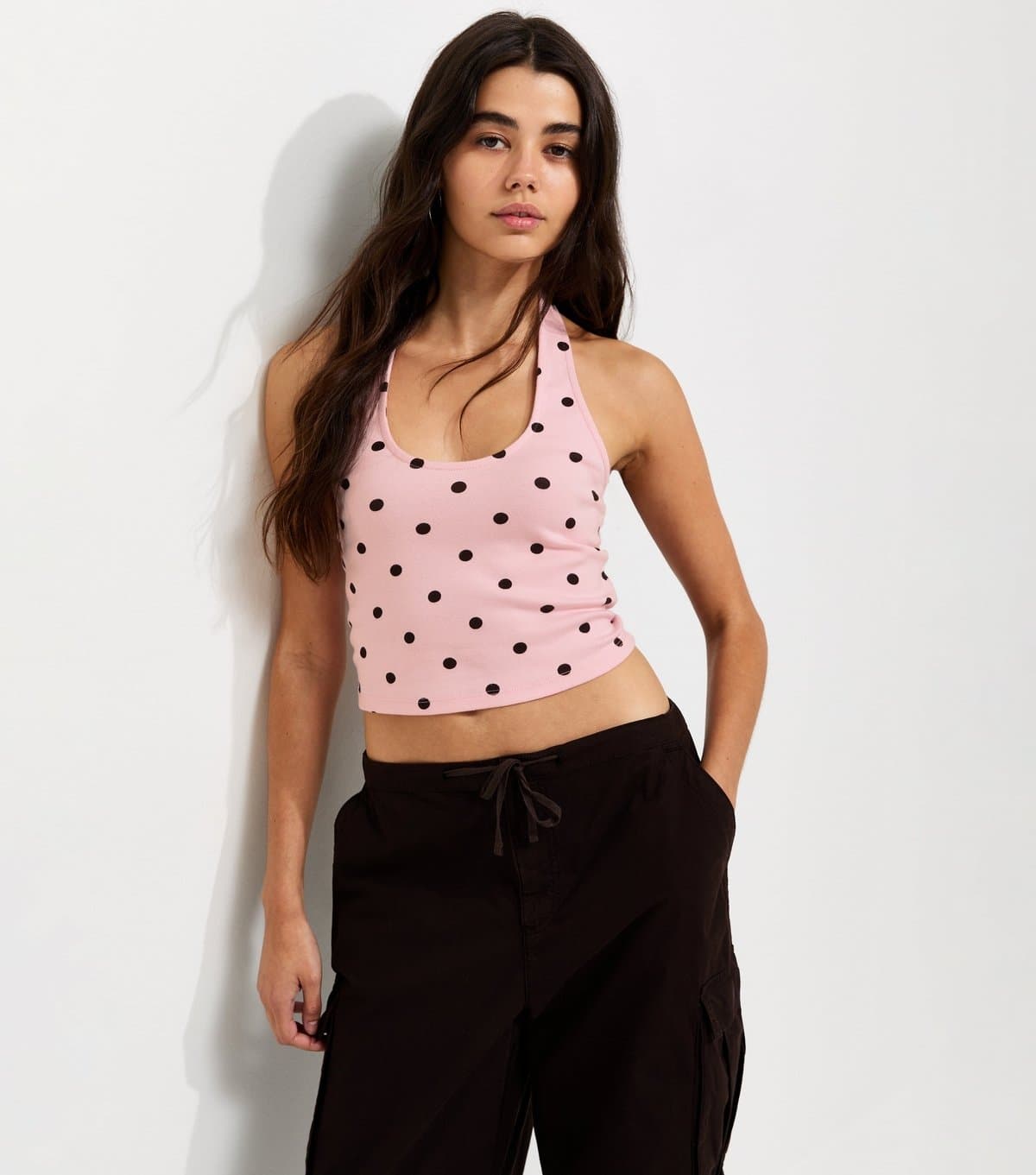 New Look Women's Pink Cotton Rich Polka Dot Scoop Halter Neck Top New Look