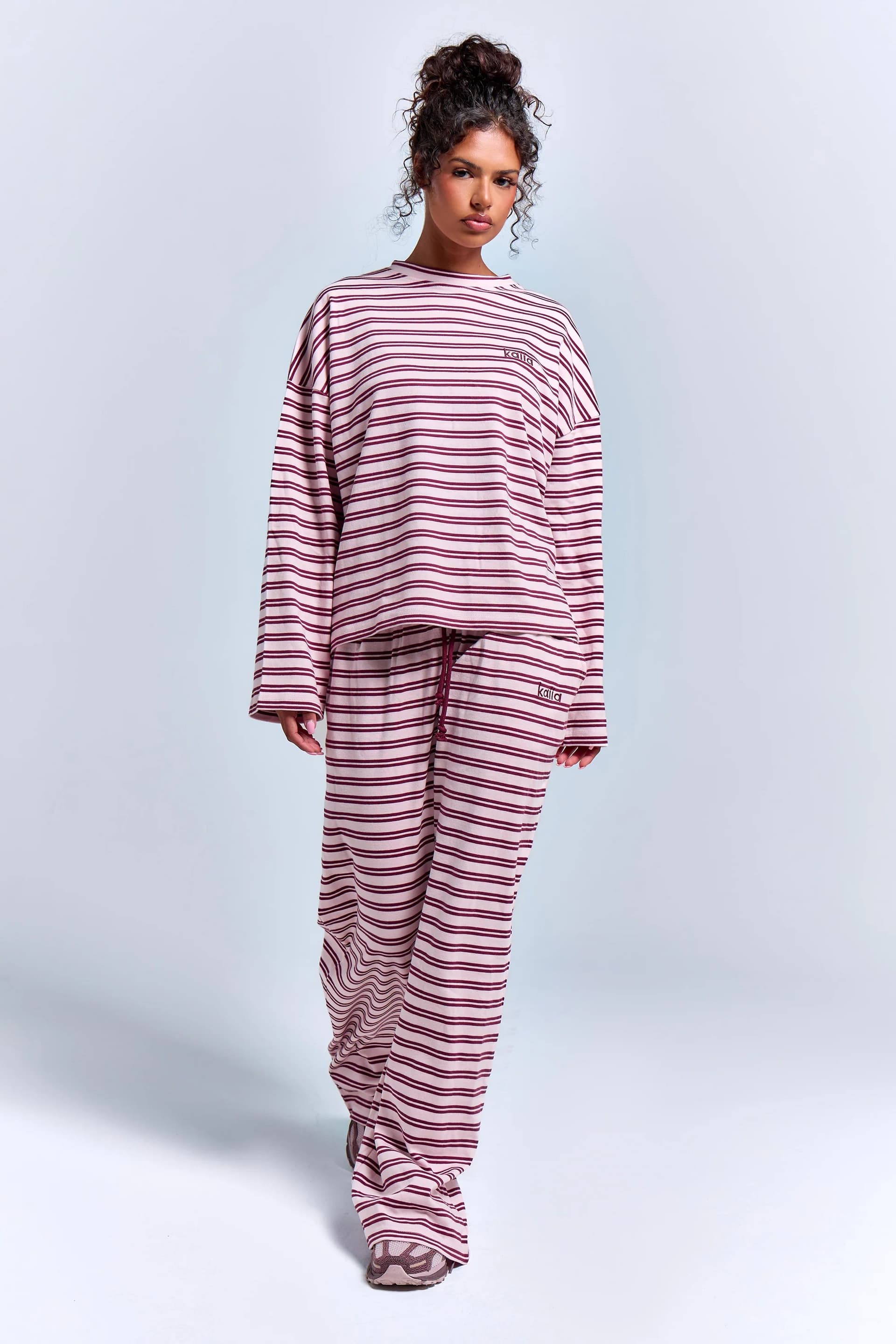 Kaiia Kaiia Interlock Stripe Wide Leg Joggers Pink Chai & Burgundy