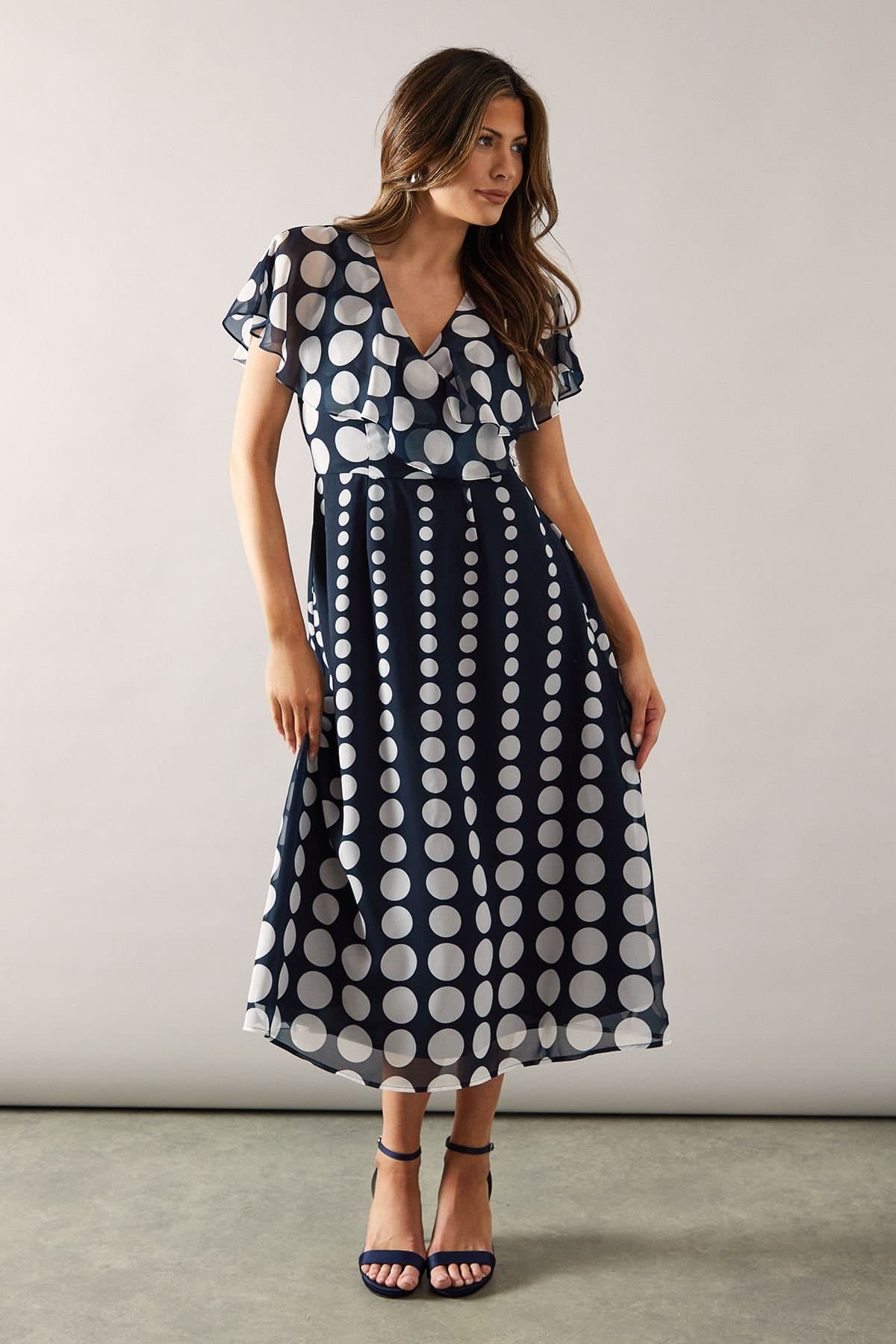 Wallis Wallis Women's Polka Dot Border Cape Sleeve Midi Dress in Navy