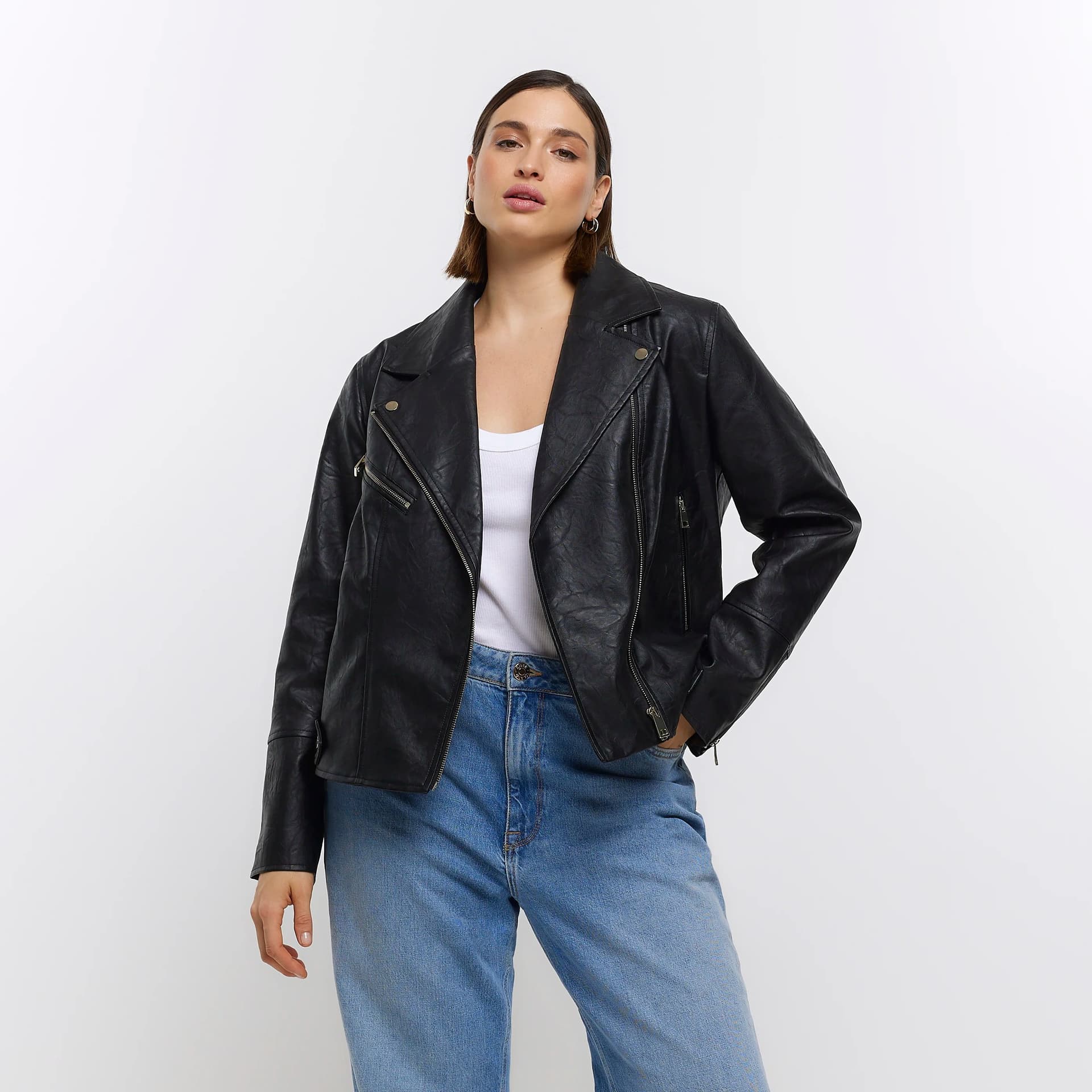 River Island River Island Womens Plus Faux Leather Black Biker Jacket