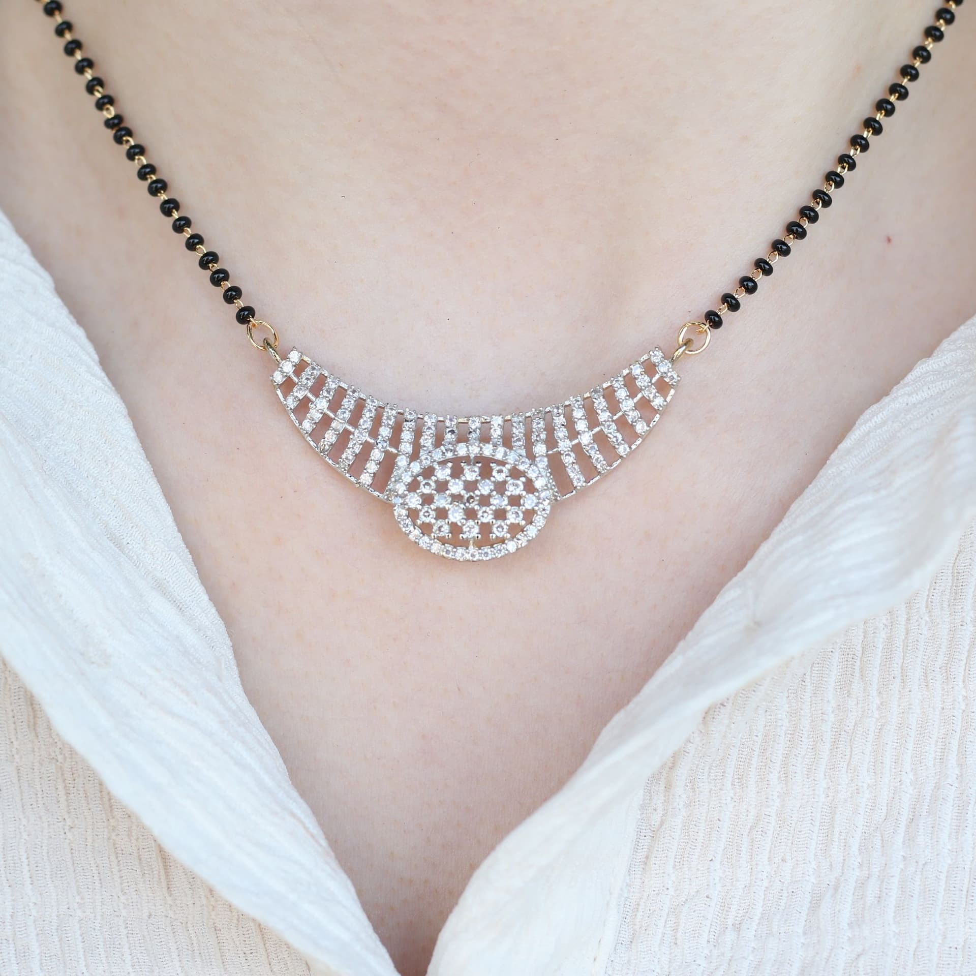 The Colourful Aura The Colourful Aura Women's Indian Nazaria Silver Zircon Dangle Mangalsutra Black Beads Earring & Necklace