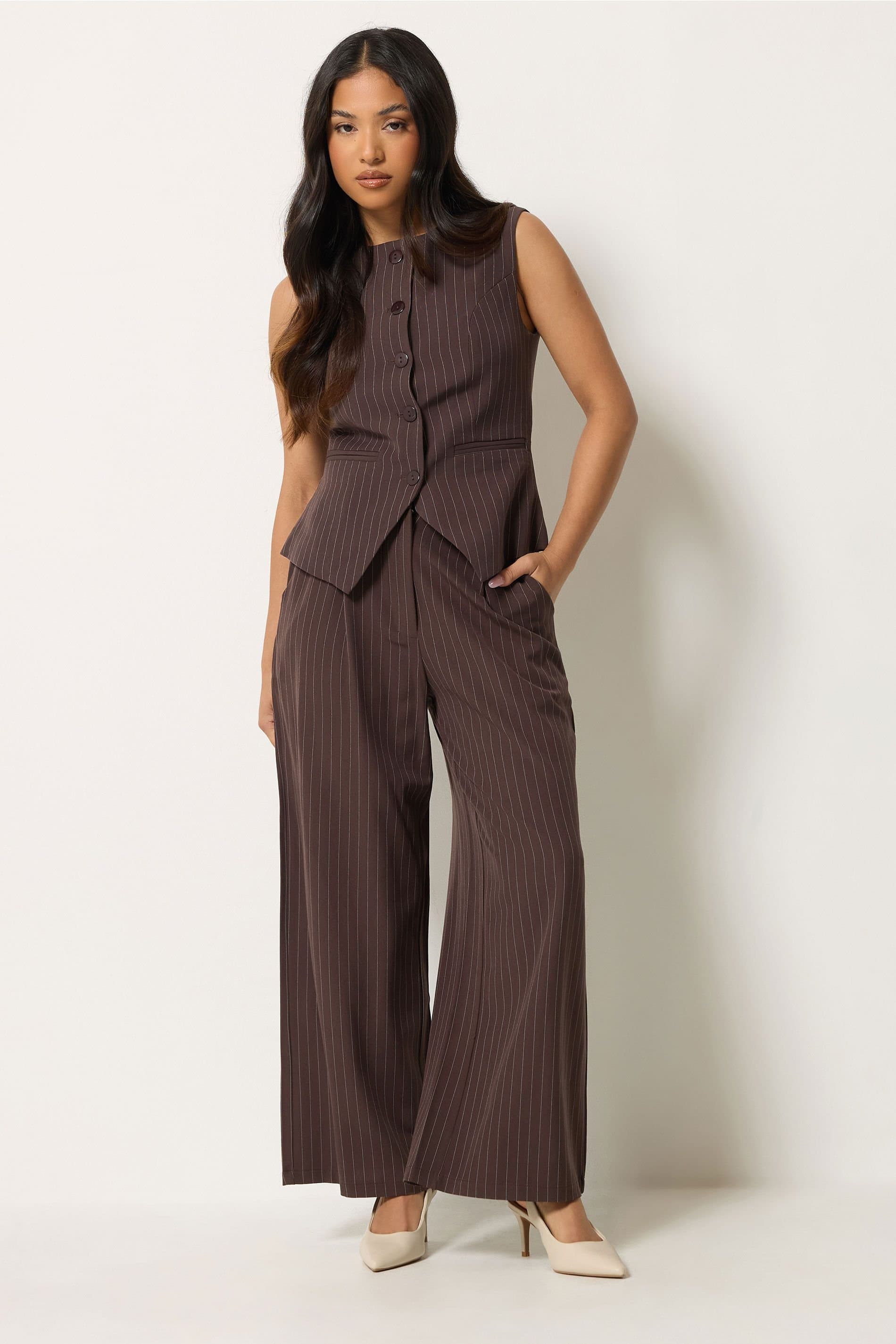 PixieGirl PixieGirl Women's Petite Set Pinstripe Waistcoat & Trousers in Brown