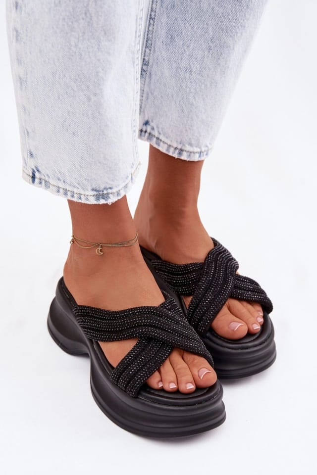 Love Lace Love Lace Women's Platform Sandals with Interwoven Straps & Shiny Detail in Black - 3