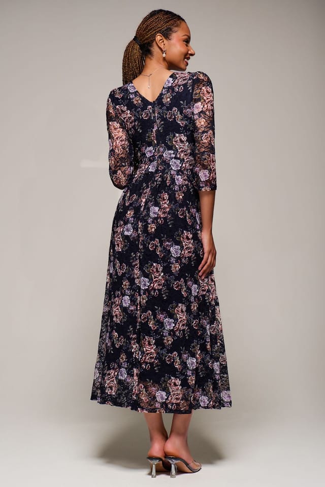 Jolie Moi Jolie Moi Women's Three Quarter Sleeve Printed Lace Maxi Dress in Navy - 2