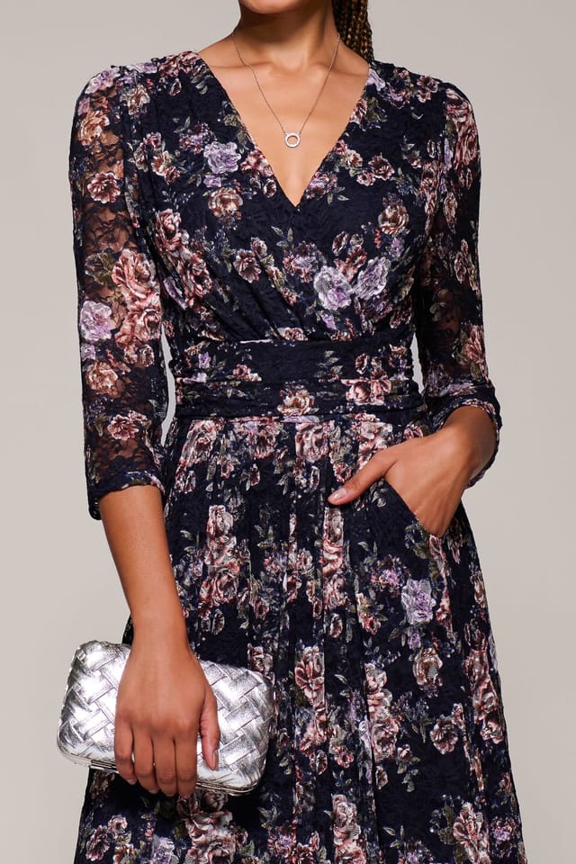 Jolie Moi Jolie Moi Women's Three Quarter Sleeve Printed Lace Maxi Dress in Navy - 3