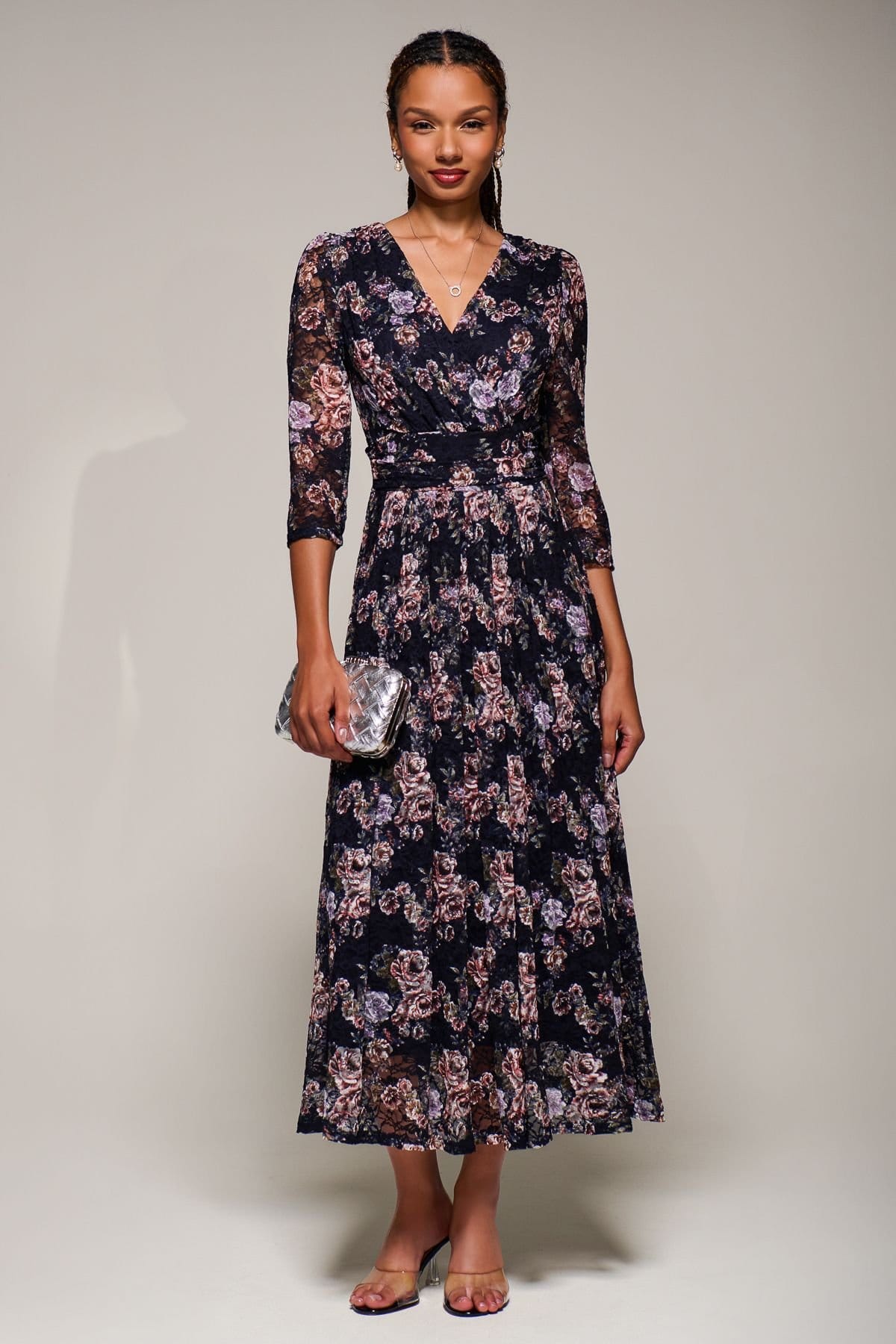 Jolie Moi Jolie Moi Women's Three Quarter Sleeve Printed Lace Maxi Dress in Navy - 4
