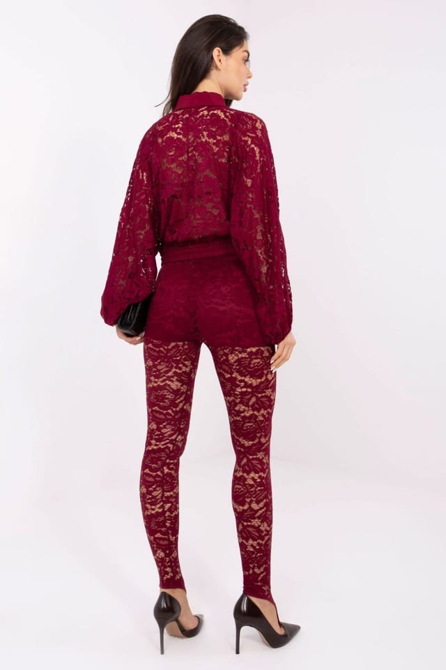 Love Lace Love Lace Women's Elegant High Waist Lace Taper Leggings in Burgundy - 3