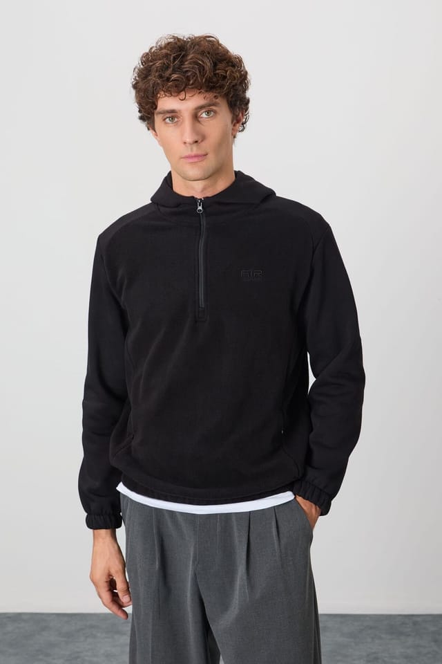 Tommy Life Tommy Life Men's Color-Blocked Half-Zip Plush Sweatshirt in Black - 2