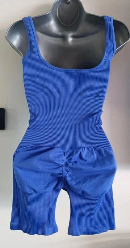 Unknown Blue Ribbed Unitard Playsuit Romper Ruched Bum Stretch Bodycon UK 12 14