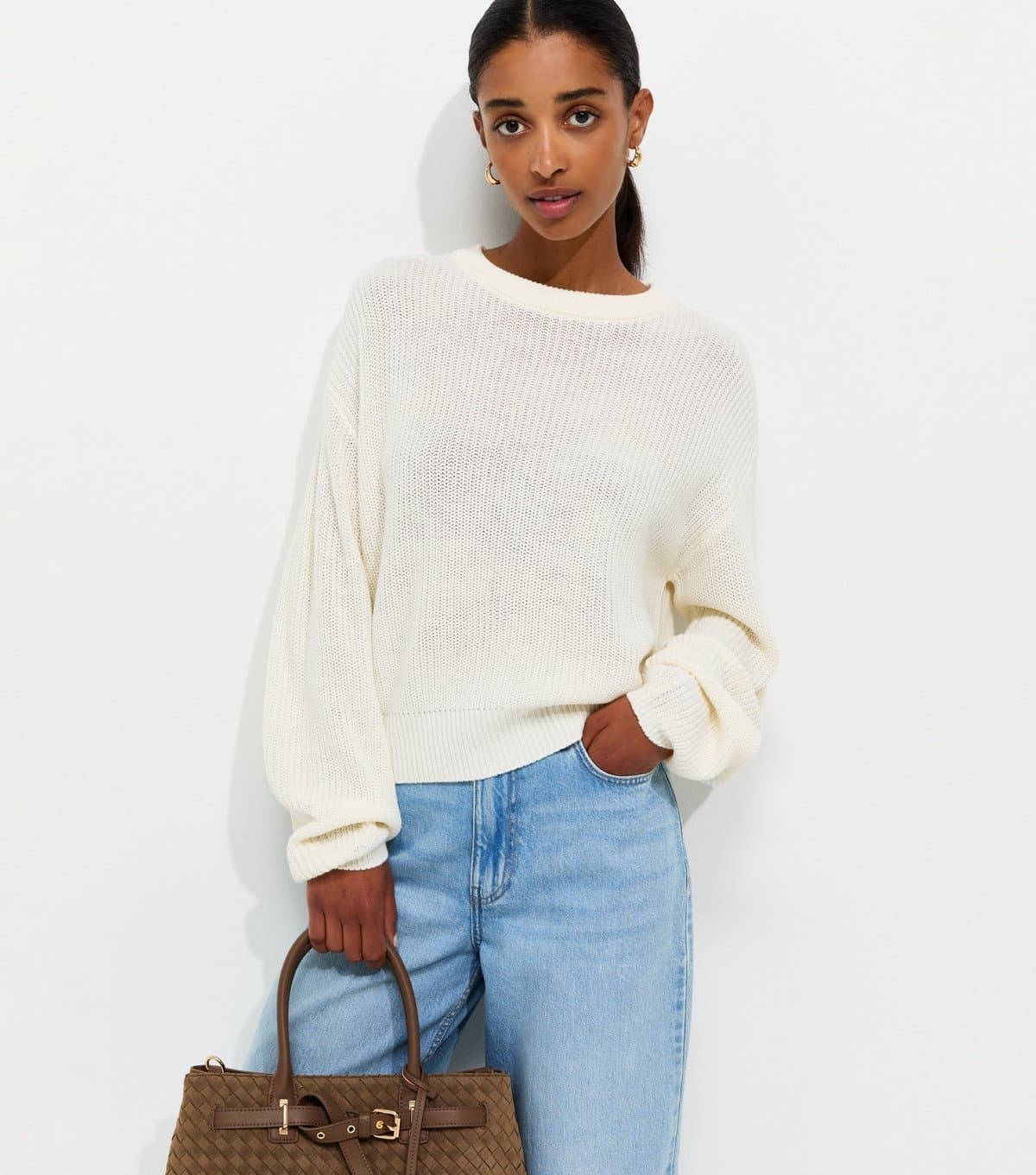 New Look Women's Cream Ribbed Knit Meet The Jean Jumper New Look