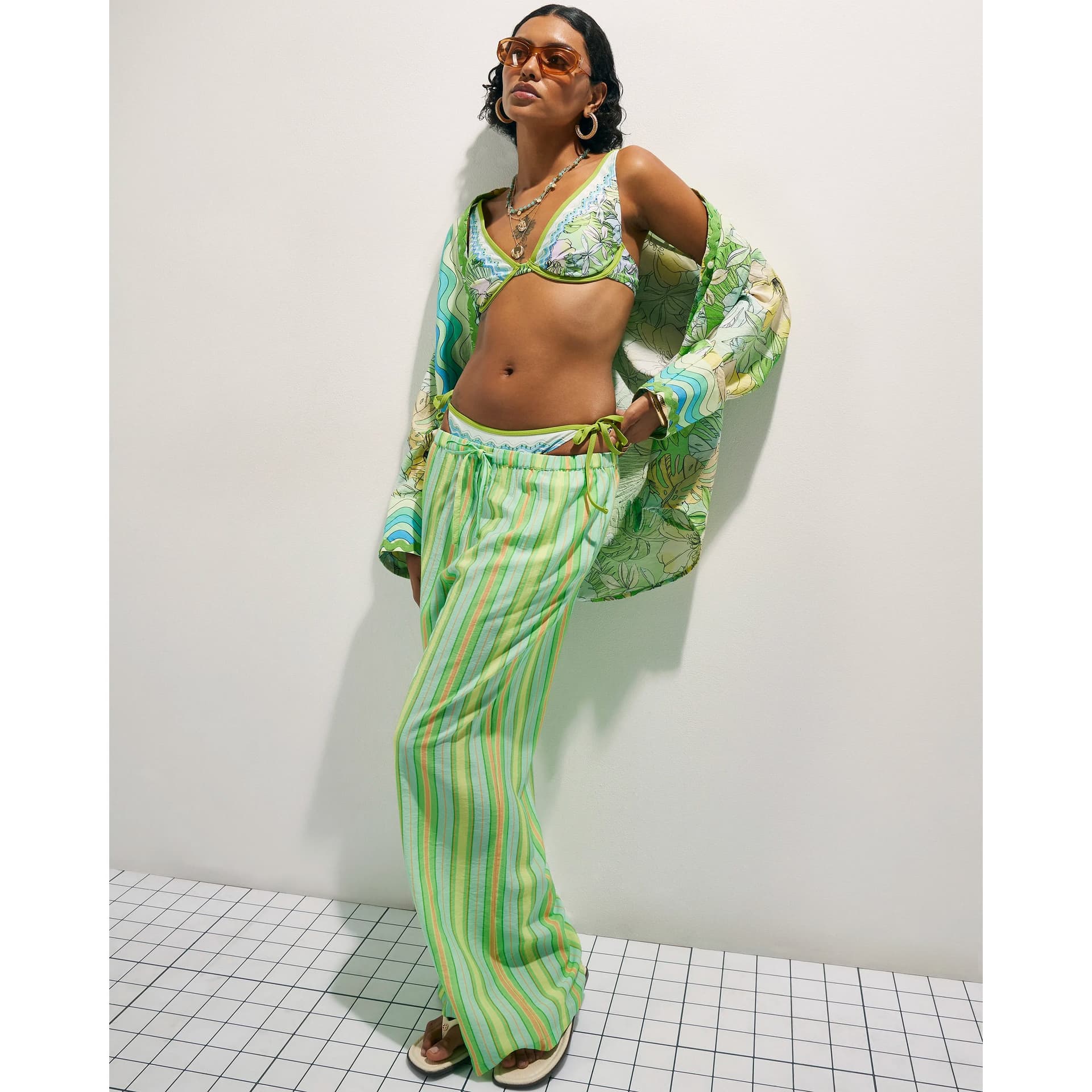 River Island River Island Womens Green Cotton Neon Stripe Trousers