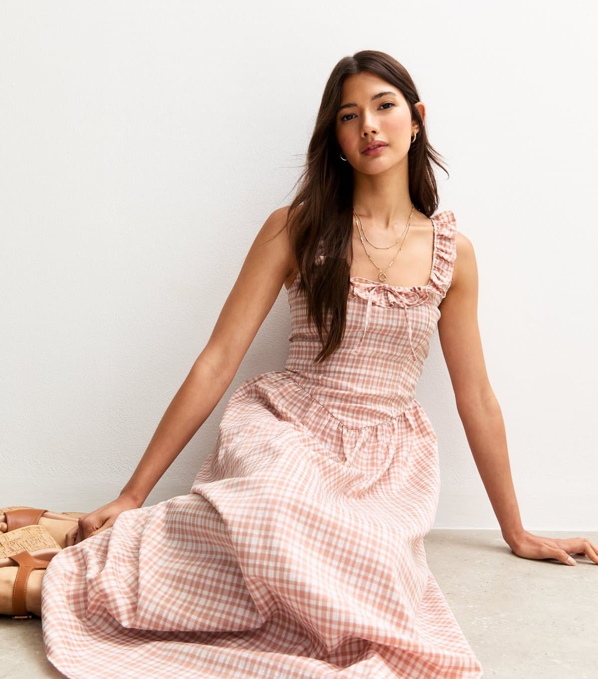 New Look Women's Pink Check Print Strappy Corset Midi Dress New Look