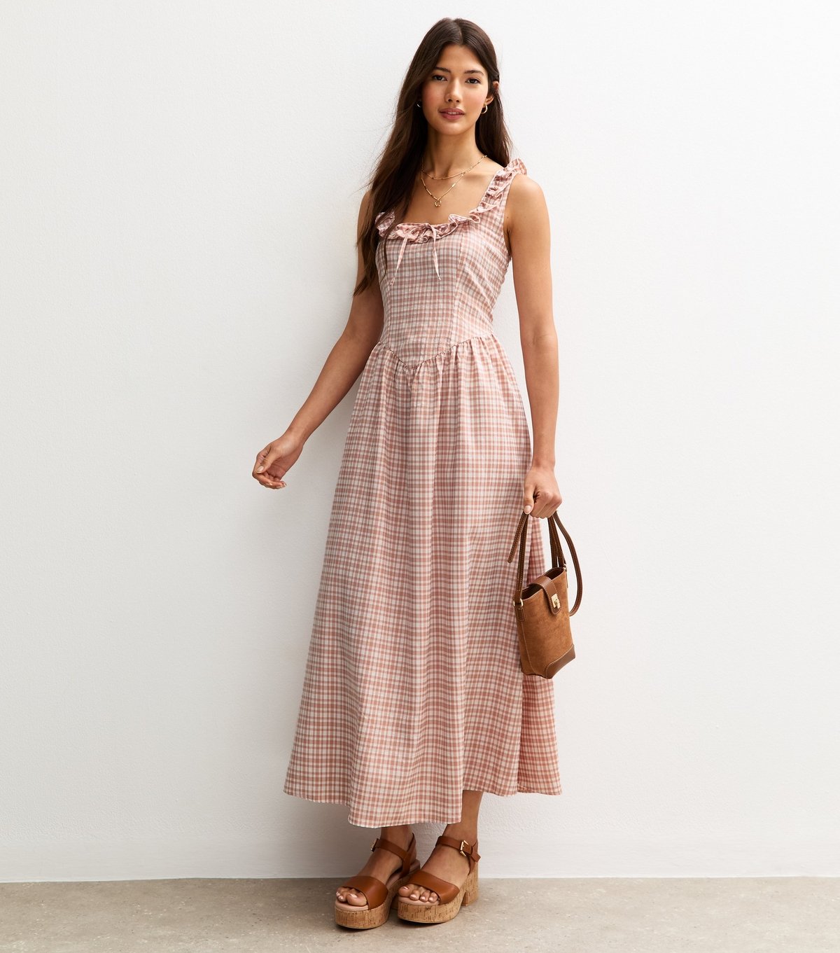 New Look Women's Pink Check Print Strappy Corset Midi Dress New Look - 2