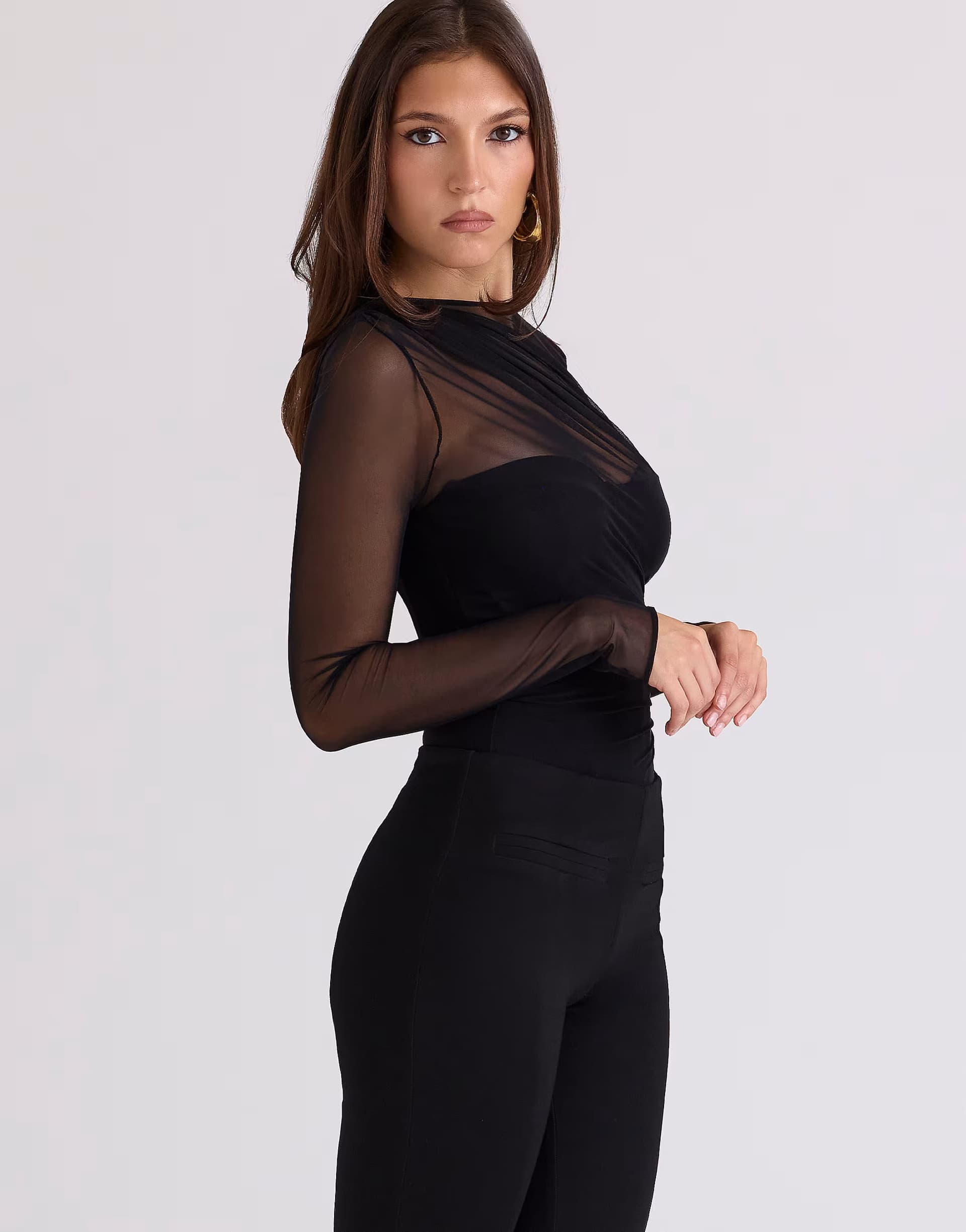 ASOS House of CB Orelia black draped mesh bodysuit in black