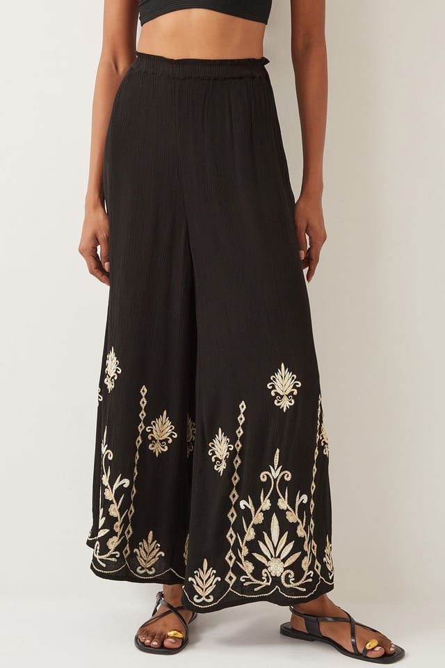 Monsoon Monsoon Women's Saffron Embroidered Wide Leg Trousers Black - 2
